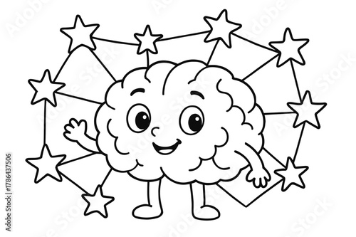 Brain Network Coloring. Brain learning network children?s coloring book illustration, outlined drawing, a cheerful brain with several neuron stars around it