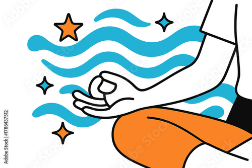 Mindful Breathing Art. Mindful breathing. A close-up of hands resting on knees with abstract waves and