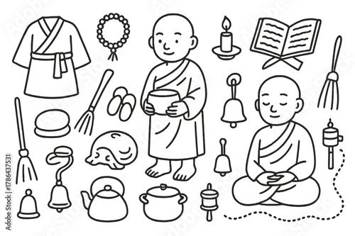 Monastic Life Doodle. Monks and daily life. Hand-drawn doodle illustration Monks and daily life monk robe, prayer beads, sutra scroll, meditation cushion, alms