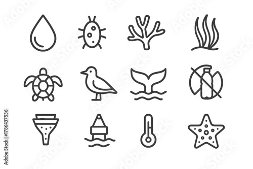 Ocean Health Icons. Ocean Health. Line icon set of Ocean Health: clean water droplet, plankton icon, coral branch, seagrass bed, sea turtle, seabird, whale