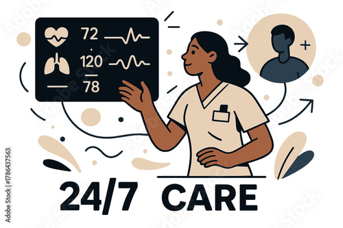 Remote Health Monitoring. Healthcare Tech ? Remote Monitoring. A nurse watches a floating dashboard with live vitals; thin pulse lines connect to a patient