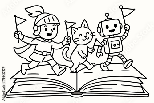 Book Characters Parade. Book characters parade children?s coloring book illustration, outlined drawing, three simple story characters?a hero, an animal friend,