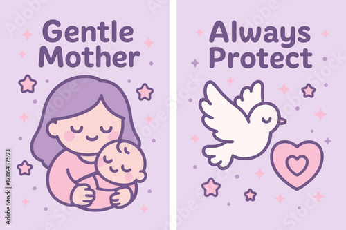Kawaii Protection Banners. Tender Care. Two vertical A6 banners with safe margins, centered composition, no elements touching edges, kawaii, lavender and baby