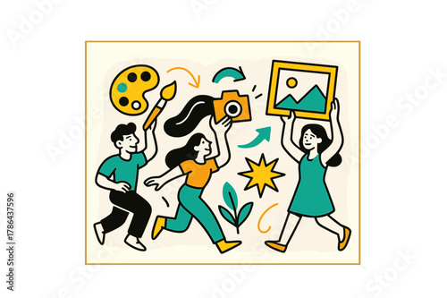 Vibrant Iconic Display. Framed picture. A glowing frame on a wall with abstract floating icons of art,