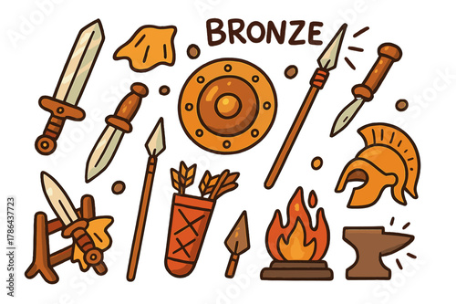 Bronze Weapon Doodles. Bronze weapons. Colorful Hand-drawn doodle Children illustration Bronze weapons sword, dagger, spear, arrowhead, shield, helmet, quiver,