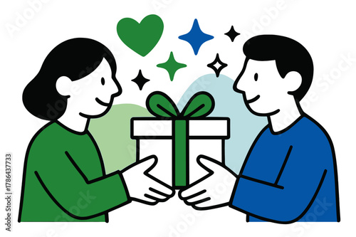 Gift Exchange Celebration. Special occasion. Hands exchanging a present, abstract floating shapes of hearts,
