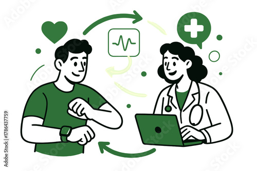 Remote Health Connection. Patient-doctor feedback loop. Person sending vitals from wearable to doctor remotely