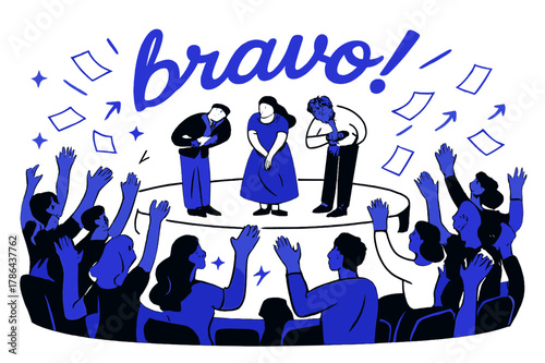 Bravo! Ovation Scene. Amphitheater ? Standing Ovation. The crowd rises in a wave; programs flutter like confetti as actors bow. Caption ?bravo!? sweeps in a
