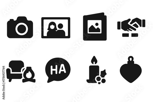 Holiday Memories Icons. Holiday memories. Filled icon set of holiday memories: camera, family photo, photo