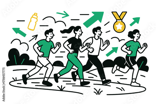 Active Jogging Community. Community fitness. People jogging along a scenic route, abstract floating arrows,