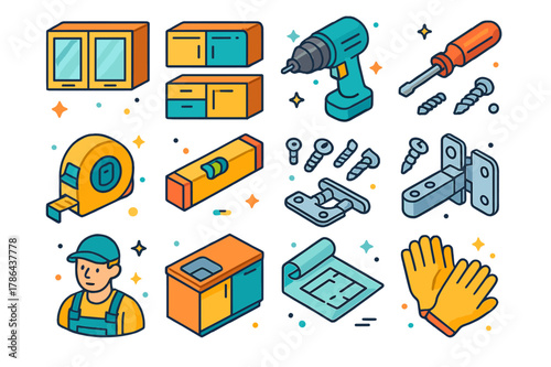 Colorful Remodeling Icons. Interior remodeling. Colorful isometric vector icons set of interior remodeling: upper cabinets, lower cabinets, drill, screwdriver,