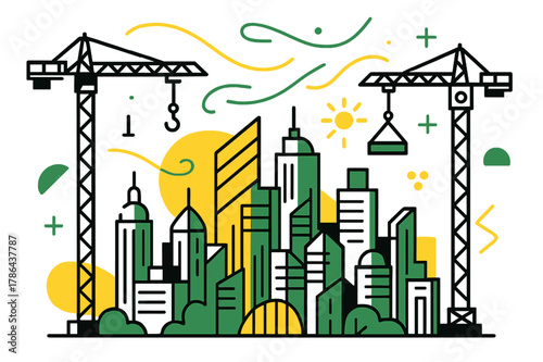 Futuristic Urban Skyline. Urban growth vision. A futuristic city skyline taking shape under multiple cranes,