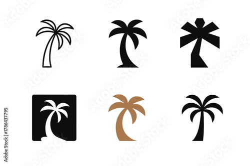 Palm Logo Variations. Palm. Set Logo of Palm: solitary palm tree with curved trunk. harmonious logo variations of the same emblematic concept, each with