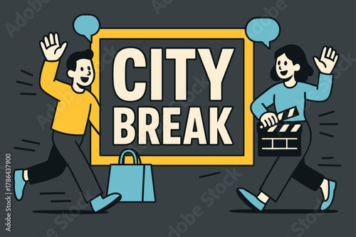 City Break Banner. City Break banner, flat vector illustration, bold oversized text inside rectangular frame banner, cartoon characters walking and waving