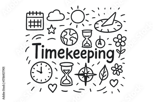 Timekeeping Doodle Art. Timekeeping. Hand-drawn doodle illustration of Timekeeping. clock, sundial, hourglass,