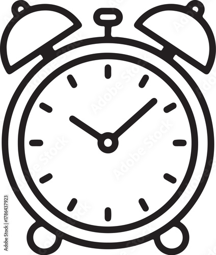 Black and White Outline of an Alarm Clock with Bells on Top time wake up on transparent background