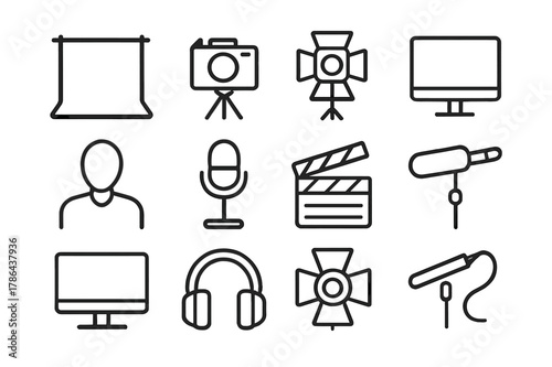 Chroma Key Icon Set. Chroma key setup. Line outline icon set of chroma key setup: green screen, camera, tripod