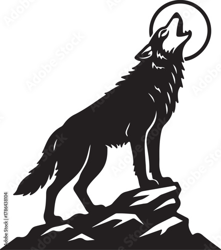 Silhouette of a wolf howling at the moon on a rock Keywords: wolf, howling, moon, rock, silhouette, animal, wildlife, predator, canine, wild, nature, night, sky, lunar, on transparent background