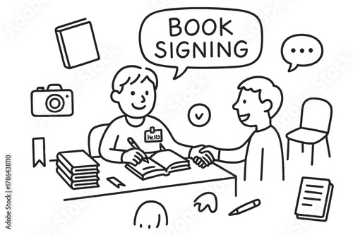 Book Signing Doodle. Book signing. Hand-drawn doodle illustration book signing author, table, pen, stack of books, autograph, smile face, bookmark, name tag,