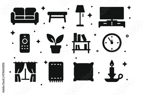 Homey Living Room Icons. Homey Living Room. Solid icons set of Homey Living Room: sofa, coffee table, floor lamp, TV, remote control, house plant, bookshelf,