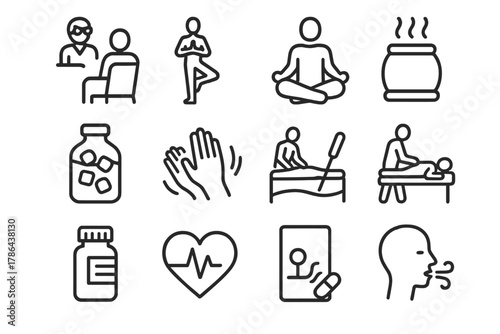 Therapy Icons Set. Therapy and recovery icons. Line outline icon set of therapy and recovery icons: therapist