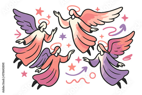 Heavenly Angels. Angelic figures. Glowing angels with abstract flowing robes and wings, halos, and floating