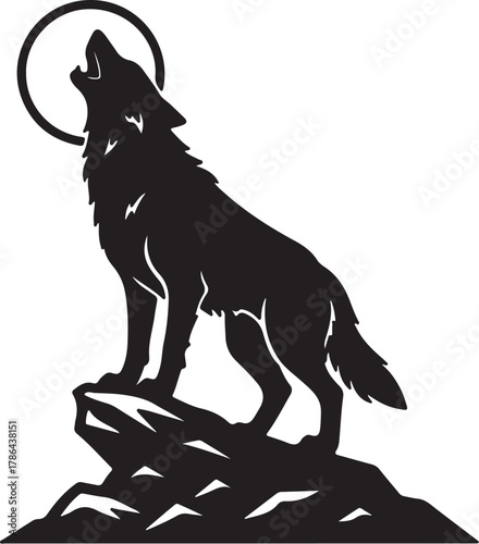 Silhouette of a wolf howling at the moon on a rock vector illustration on transparent background