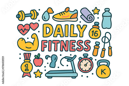 Daily Fitness Doodles. Daily fitness. Hand-drawn doodle illustration of Daily fitness. Dumbbell, running shoe,