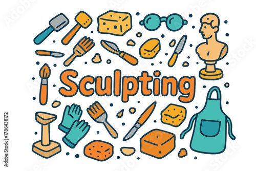 Artistic Sculpting Tools. Sculpting. Hand-drawn doodle illustration of sculpting. Statue, chisel, hammer, clay
