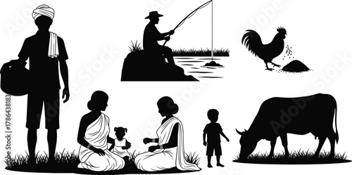 Set of traditional Indian rural life vignettes, farmer, fisherman, family with children, cow, and rooster, domestic activities, black and white flat vector illustration.