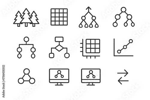 Random Forest Icons. Random forest. Line outline icon set of random forest: multiple trees, dataset, ensemble,