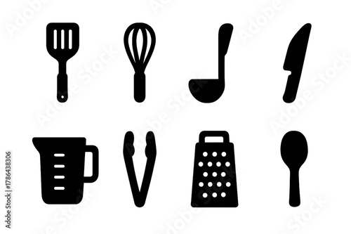 Black Kitchen Utensils Icons. Kitchen utensils. Filled icon set of kitchen utensils: spatula, whisk, ladle,
