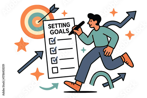 Goal-Setting Motivation. Setting goals. Individual writing on a large checklist; glowing targets, arrows, and