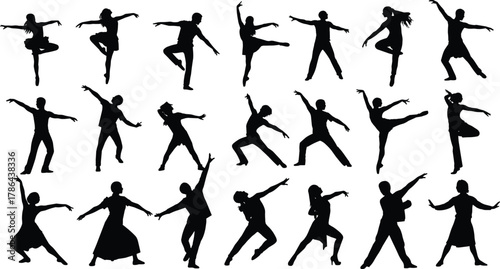 Massive collection of dancers silhouettes, people performing various dance styles including ballet, jazz, and modern, movement, black and white flat vector illustration set.
