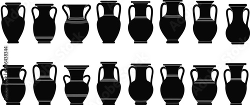 Photos Set of Greek Amphora and Krater vase silhouettes, ancient classical pottery collection, historical archeology artifacts, black and white flat vector illustration, antique jars