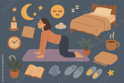 Cozy Nighttime Retreat. yoga mat, pillow, candle, moon, stars, bed, slippers, blanket, cup of tea, stretching