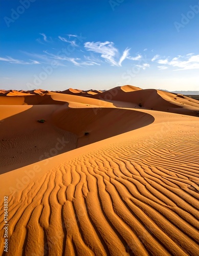 Vast, sun-drenched desert with textured dunes under a blue sky