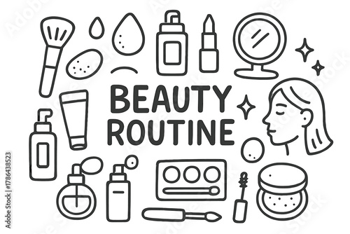Beauty Routine Doodles. Beauty Routine. Hand-drawn doodle illustration of Beauty Routine. brush, sponge,
