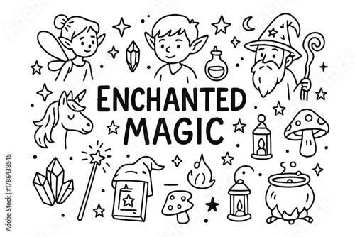 Enchanted Magic Doodle. Enchanted Magic. Hand-drawn doodle illustration of Enchanted Magic. fairy, elf, wizard