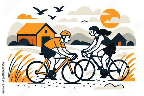 Gravel Ride Adventure. Countryside gravel ride. Bikers roll past old barns and waving grass, birds circling