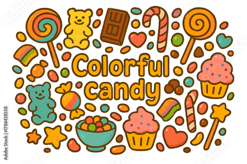 Colorful Candy Paradise. Colorful candy. Hand-drawn doodle illustration of Colorful candy. Lollipops, gummy