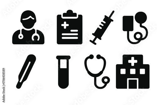 Medical Checkup Icons. Medical checkups. Filled icon set of medical checkups: doctor figure, medical chart,