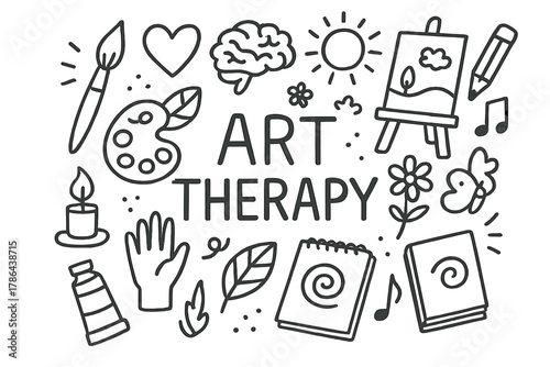 Art Therapy Doodle. Art Therapy. Hand-drawn doodle illustration of mental wellness through art and creativity.