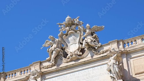 tilted pan statues trevi fountain rome unique angles fountain’s figures artistry closeup top view artistic sculpture detail baroque art 