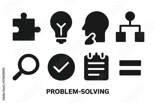 Problem Solving Icons. Problem solving. Filled icon set of problem solving: puzzle piece, lightbulb idea,