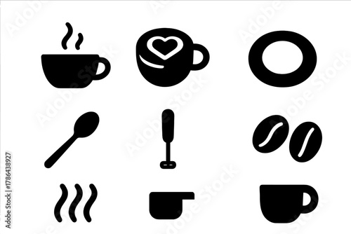 Warm Beverage Icons. Warm Beverage. Filled icon set of Warm Beverage: coffee cup, latte art heart, saucer,