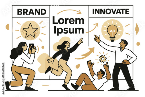 Innovative Brand Showcase. Brand showcase. Large digital wall displaying brand visuals and slogans; people