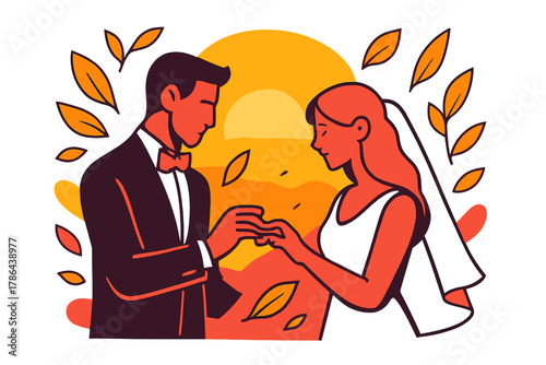 Golden Hour Vows. Golden Hour Vows. A bride and groom exchange rings under a setting sun; golden leaves swirl