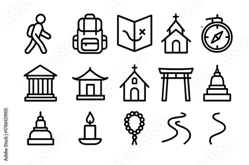 Spiritual Journey Icons. Spiritual journeys. Line outline icon set of spiritual journeys: person walking,
