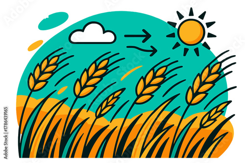 Wheat in Motion. A field of tall wheat swaying in the wind under a bright blue sky. Golden stalks bending